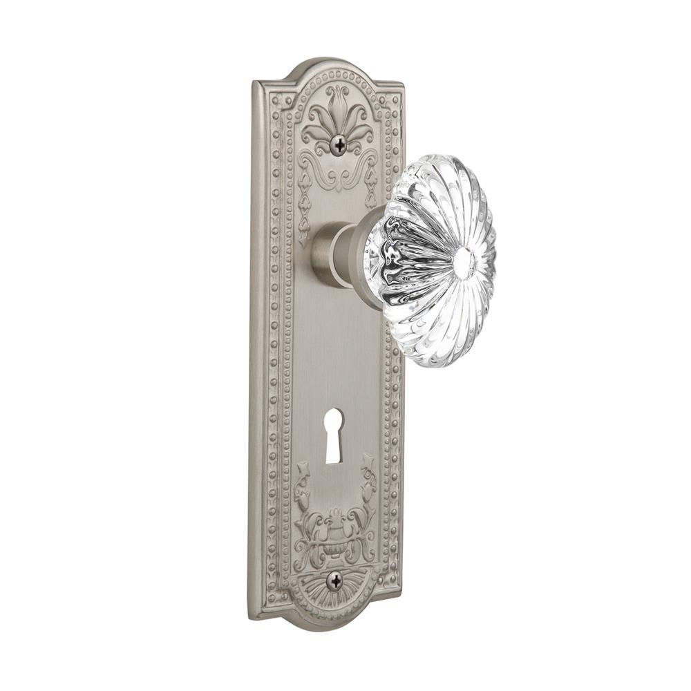 Nostalgic Warehouse MEAOFC Single Dummy Meadows Plate with Oval Fluted Crystal Knob with Keyhole in Satin Nickel